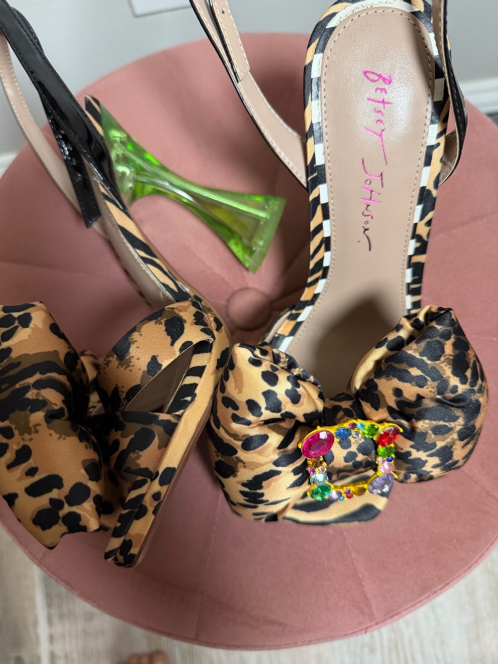 Betsey Johnson Leopard Print Bow Slingback Heels with Green Lucite Heel
